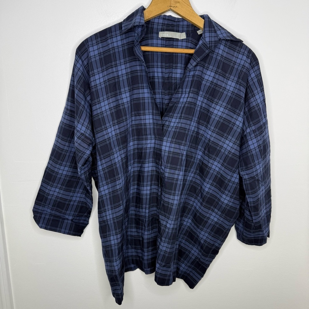 VINCE Blue Coastal Plaid Karo V Neck Cotton Tunic Top - Picture 3 of 6